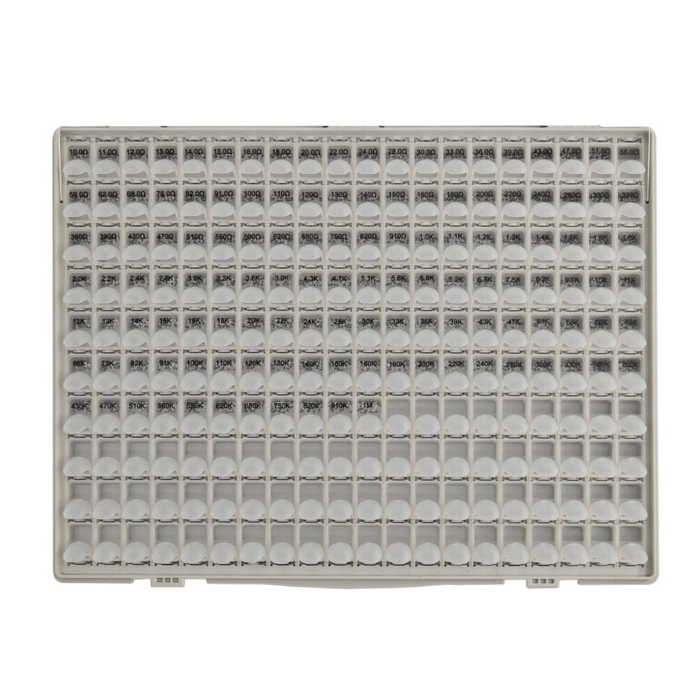 R06-131V 0603 0.1% resistor kit open case view showing 131 values