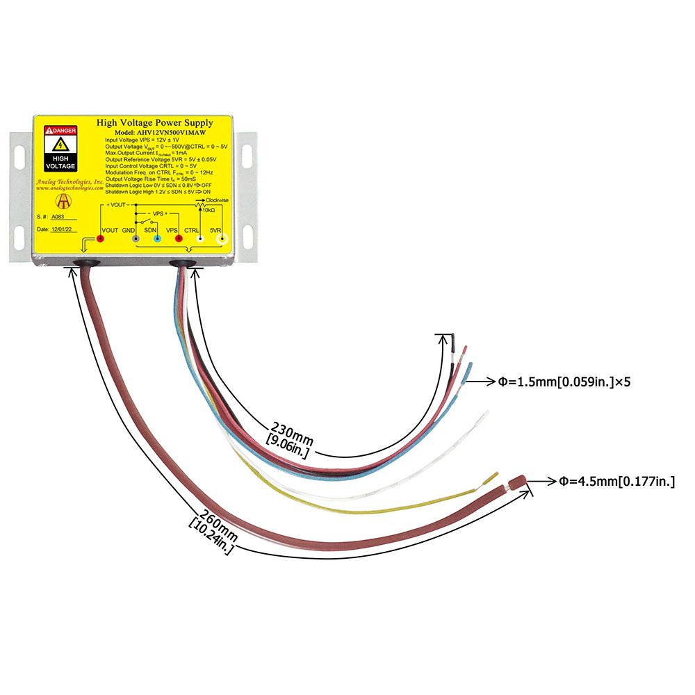 AHV12VN500V1MAW &minus;500V 1mA DC DC HV Power Supply (12V Input)