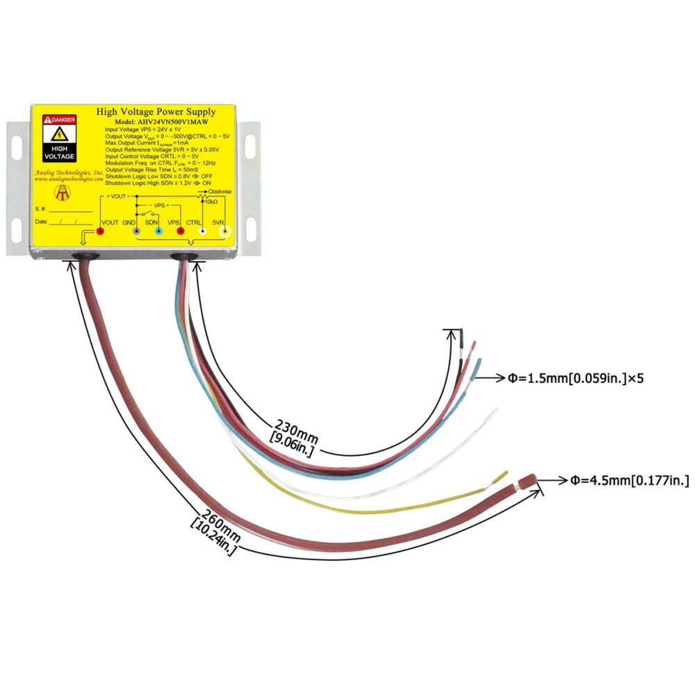 AHV24VN500V1MAW &minus;500V 1mA DC DC HV Power Supply (24V Input)